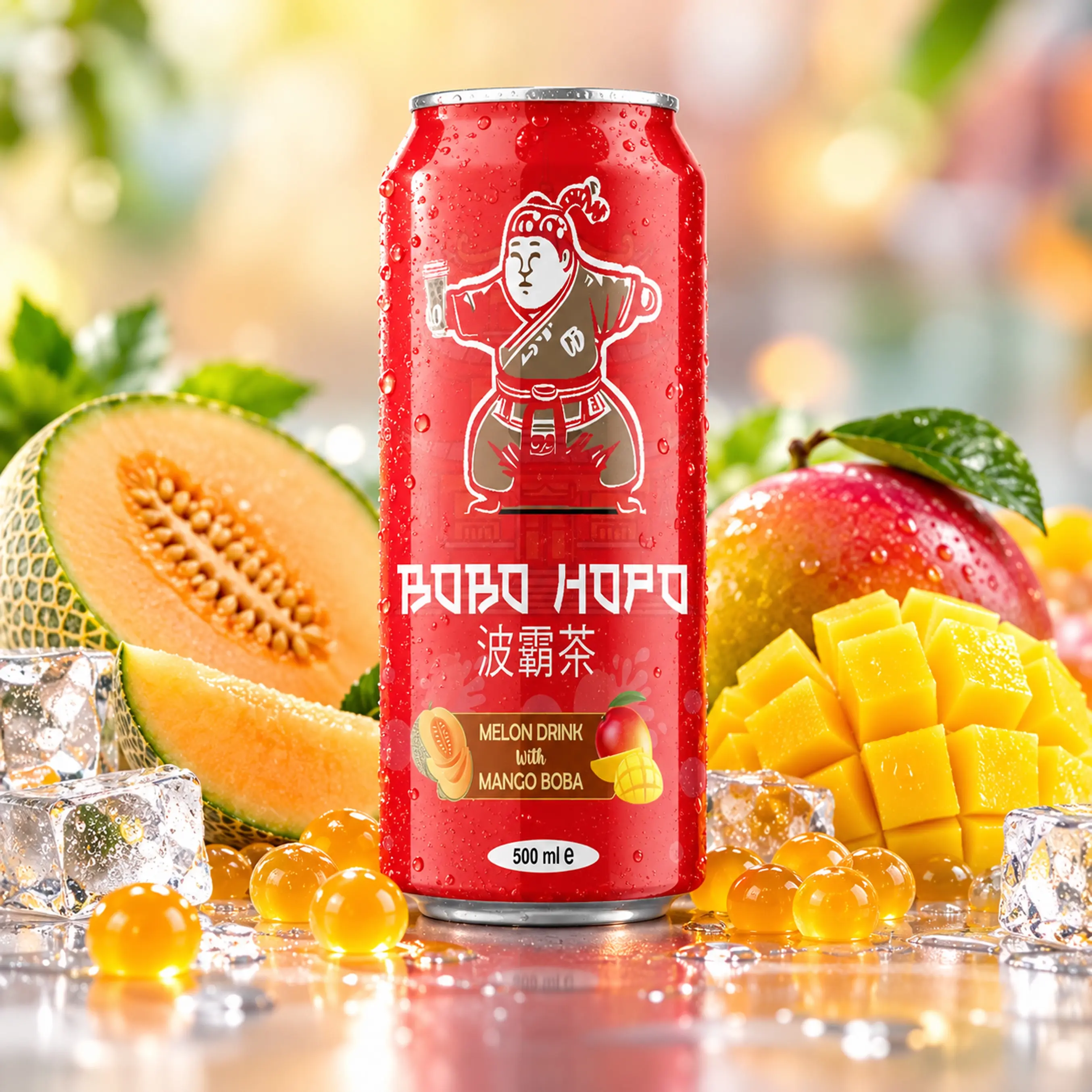 Bobo Hopo 500 ml melon drink with mango boba, fresh melon, mango, ice cubes and boba pearls.